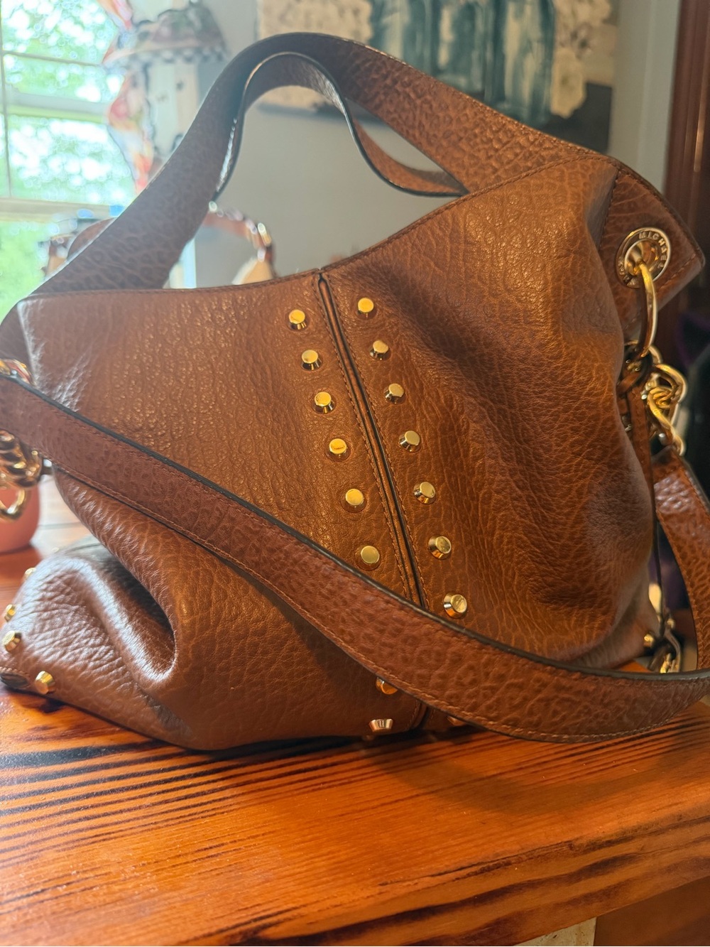 Michael Kors Cognac Brown Studded Leather Shoulder Bag - Picture 4 of 6